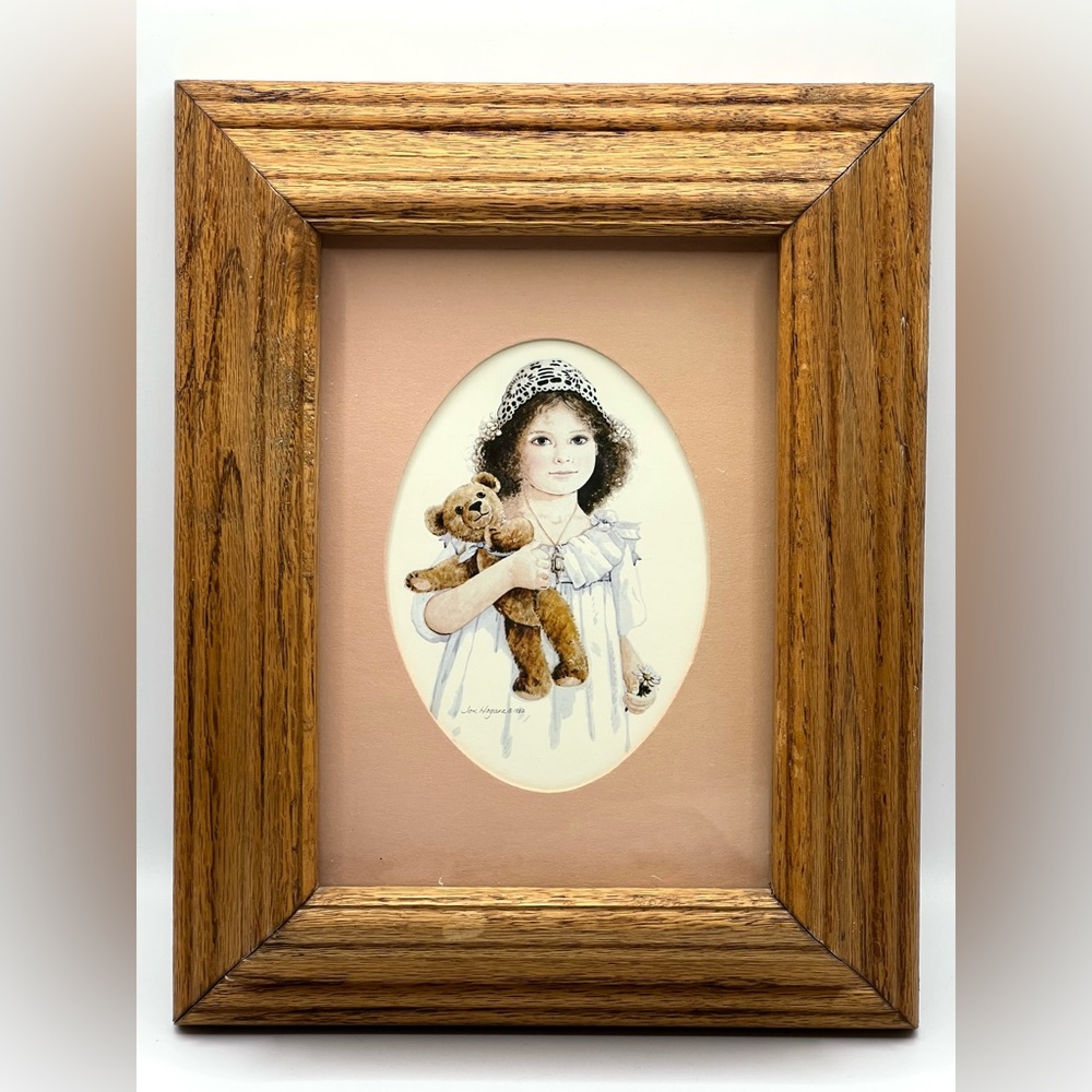 VTG Jan Hagara Wooden Framed Print Victorian Girl with Bear 1982 Wall Decor Art